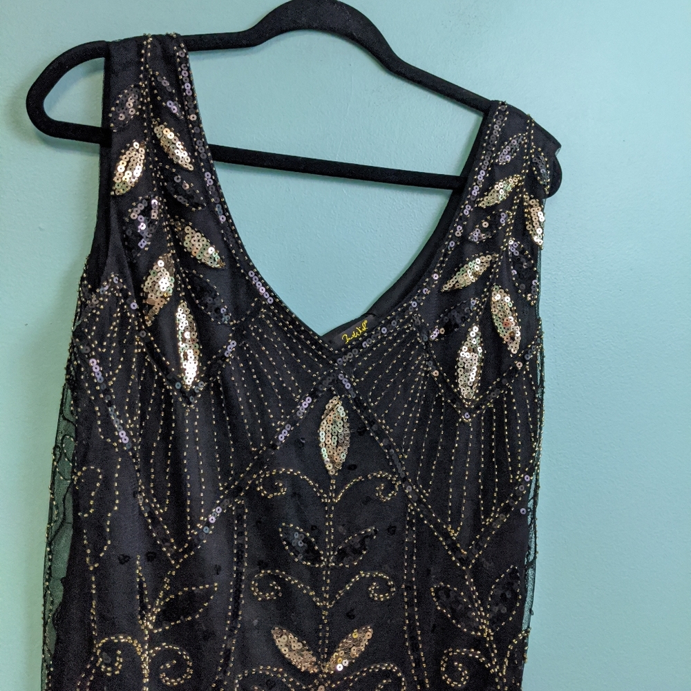 Jaos Wish Black Flapper Dress with Gold Sequins XXXL With Accessories - Picture 3 of 8